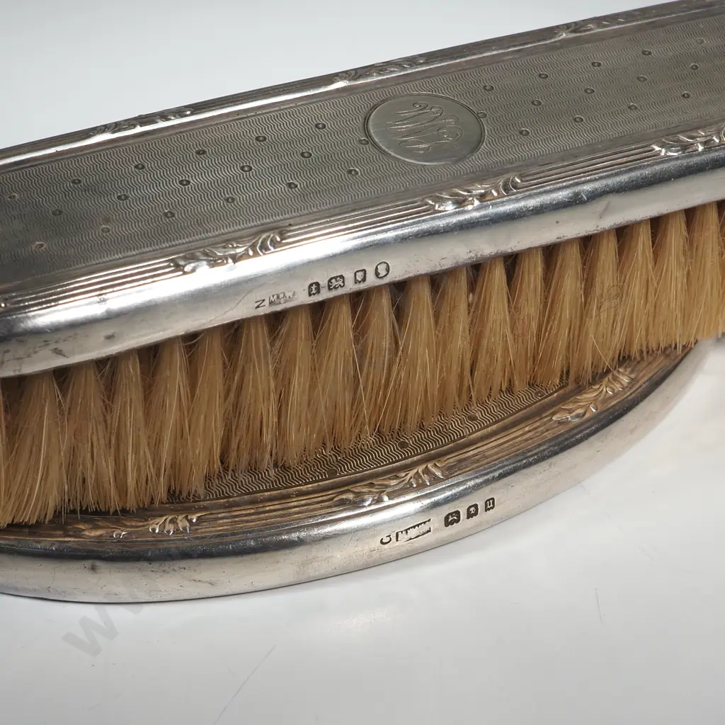 Sterling Silver Dressing Table Mirror & Clothes Brush with Engine Turned Decoration. London 1924 Image 1++