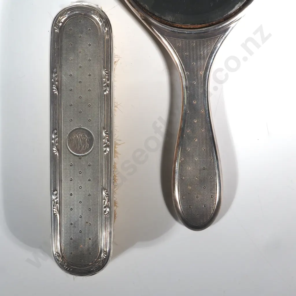 Sterling Silver Dressing Table Mirror & Clothes Brush with Engine Turned Decoration. London 1924 Image 1++