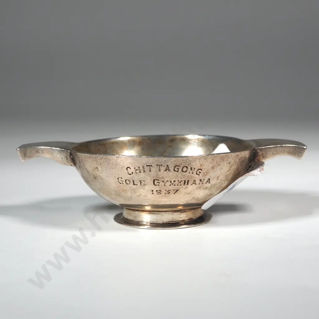 Sterling Silver Miniature Quaiche Or Salt. Inscribed Chittagong Golf Gymkhana 1937 Image 1++