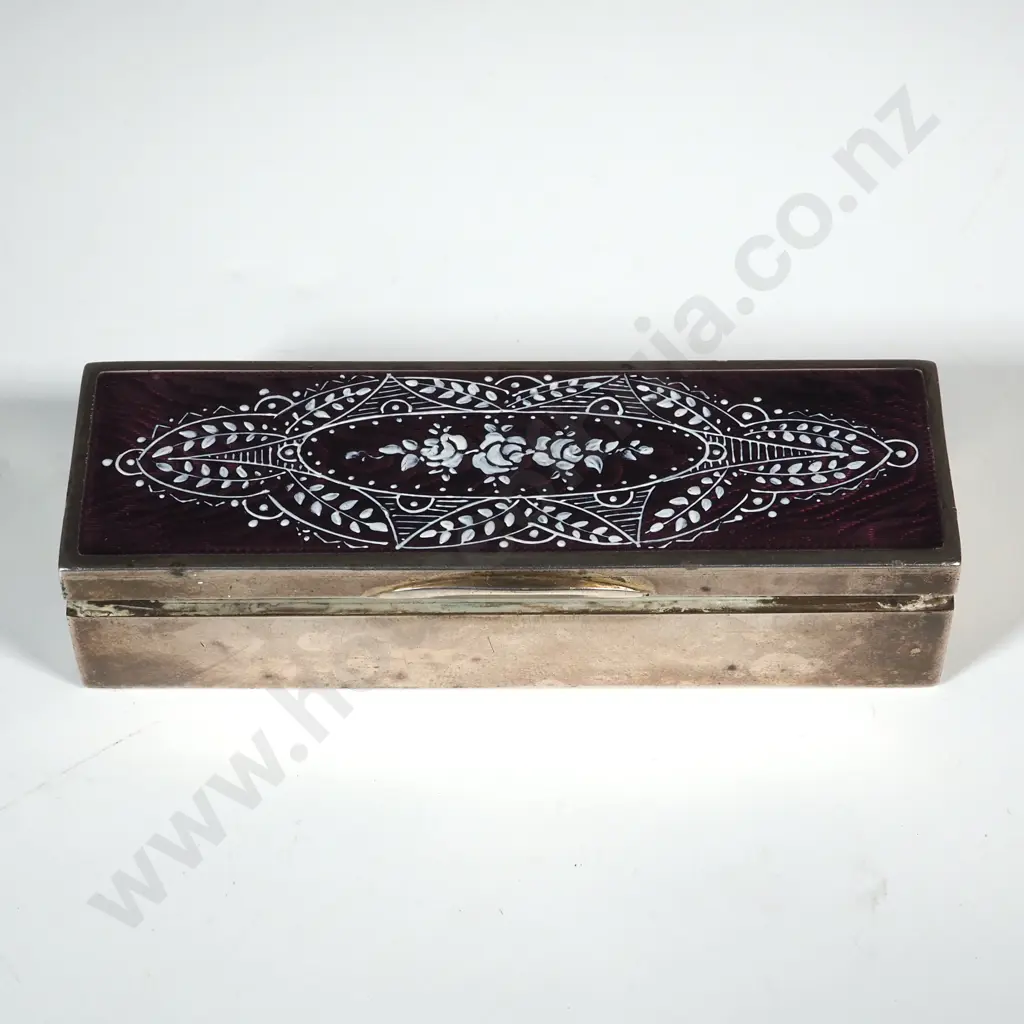 An Early 20th European Silver & Enamel Vanity Box. Rectangular Form With Purple Enamel & White Painted Decoration.  Image 1++