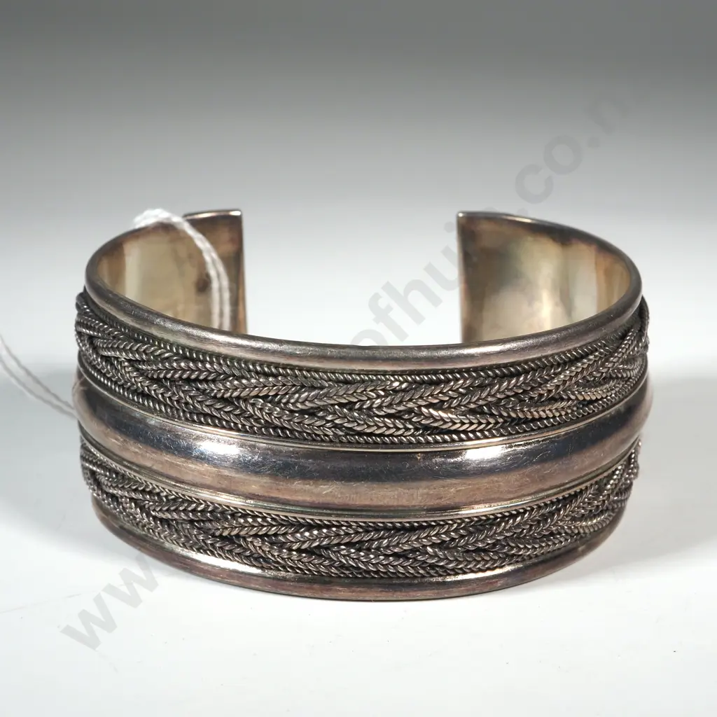 Sterling Silver Cuff Bracelet with Plaited Decoration.  Image 1++