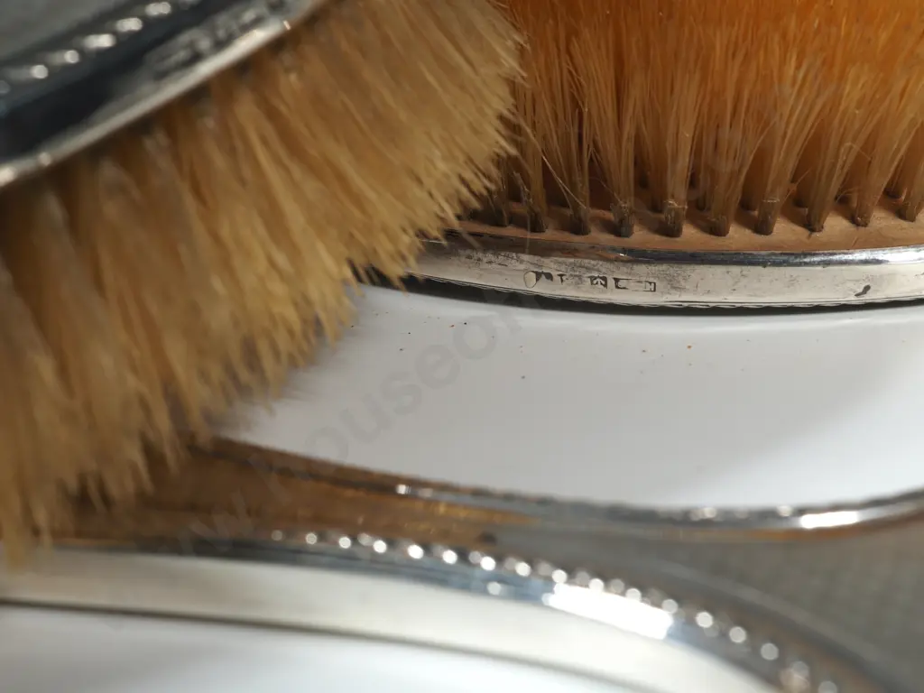 Sterling Silver Dressing Table Mirror & Two Matching Brushes & Clothes Brush  With Allover Engine Turned Decoration Image 1++