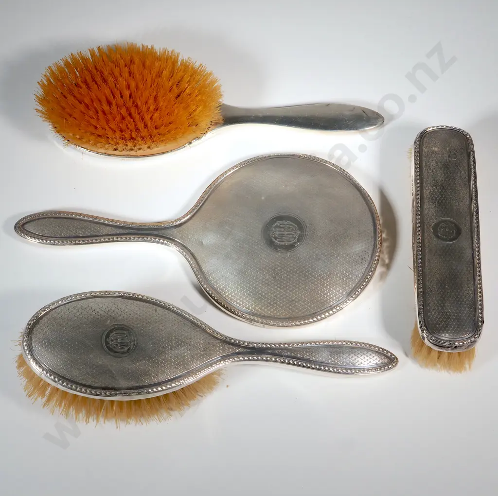 Sterling Silver Dressing Table Mirror & Two Matching Brushes & Clothes Brush  With Allover Engine Turned Decoration Image 1++
