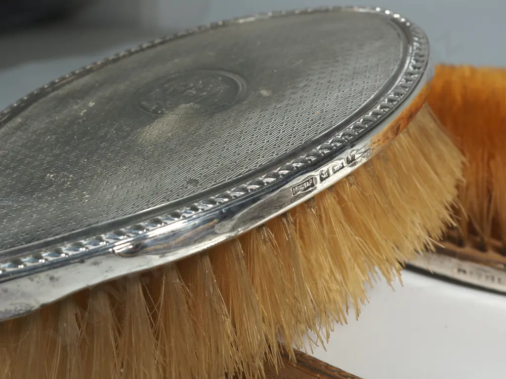 Sterling Silver Dressing Table Mirror & Two Matching Brushes & Clothes Brush  With Allover Engine Turned Decoration Image 1++