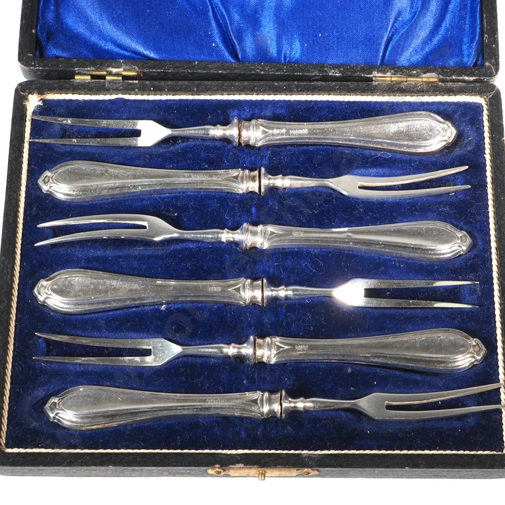 Box Set Of Six Sterling Silver Fruit Or Dessert Forks. Sheffield 1906 Image 1++