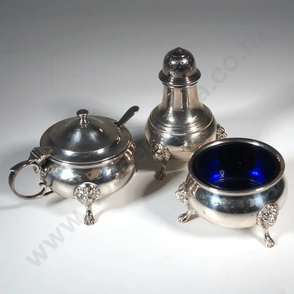 Sterling Silver Three Piece Cruet Set Comprising Pepper Pot, Salt Dish & Mustard Pot With Spoon London 1951 Image 1++