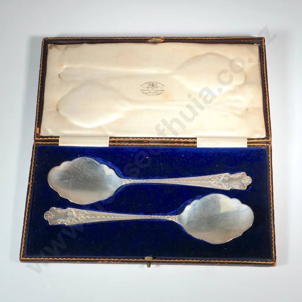 Boxed Set Of Two Ornate Sterling Silver Serving Spoons By Goldsmiths & Silversmiths Company Ltd. Image 1++