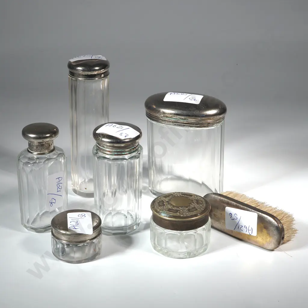 Set of Four Antique Ribbed Glass & Silver Coloured Topped Vanity Bottles, Jars  and Small Clothes Brush. Image 1++