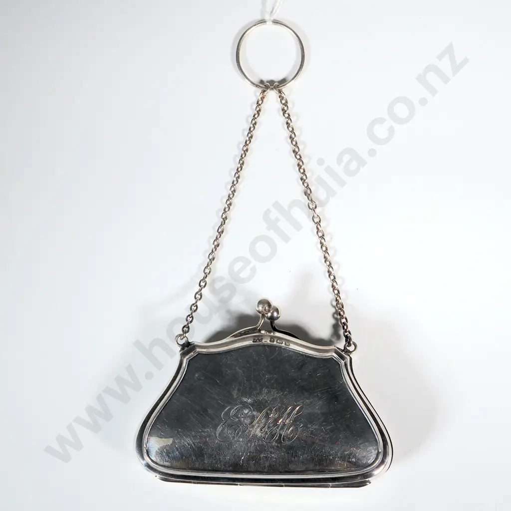 Sterling Silver Purse with Leather Interior. Initialled ERH Image 1++