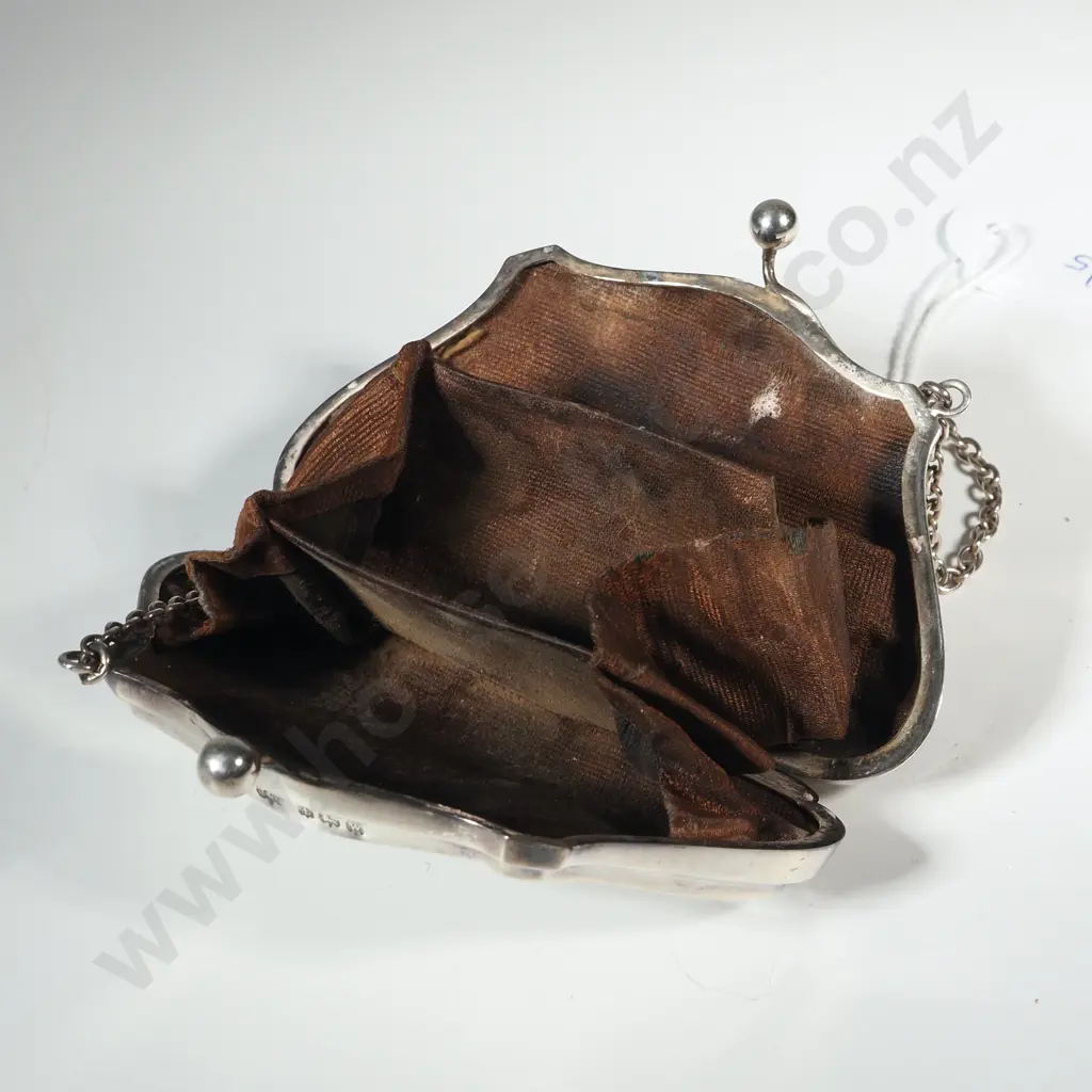 Sterling Silver Purse with Leather Interior. Initialled ERH Image 1++