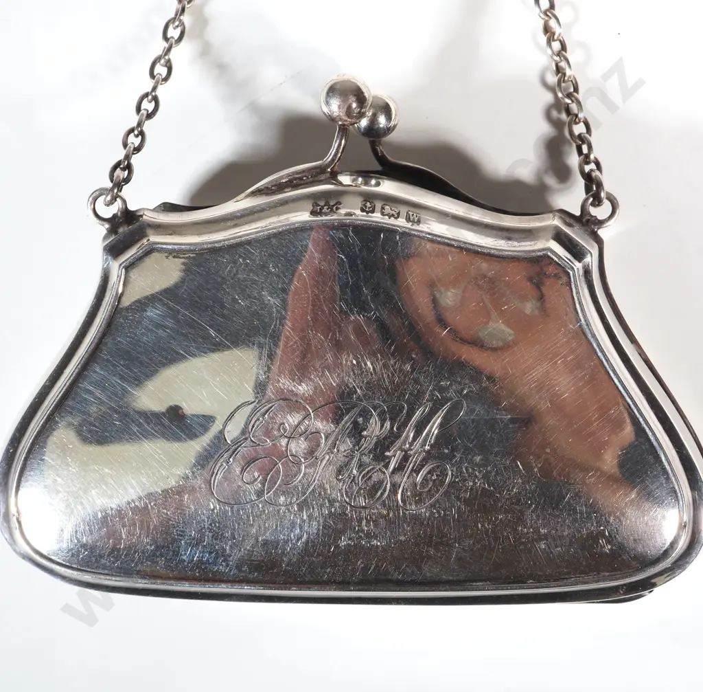 Sterling Silver Purse with Leather Interior. Initialled ERH Image 1++