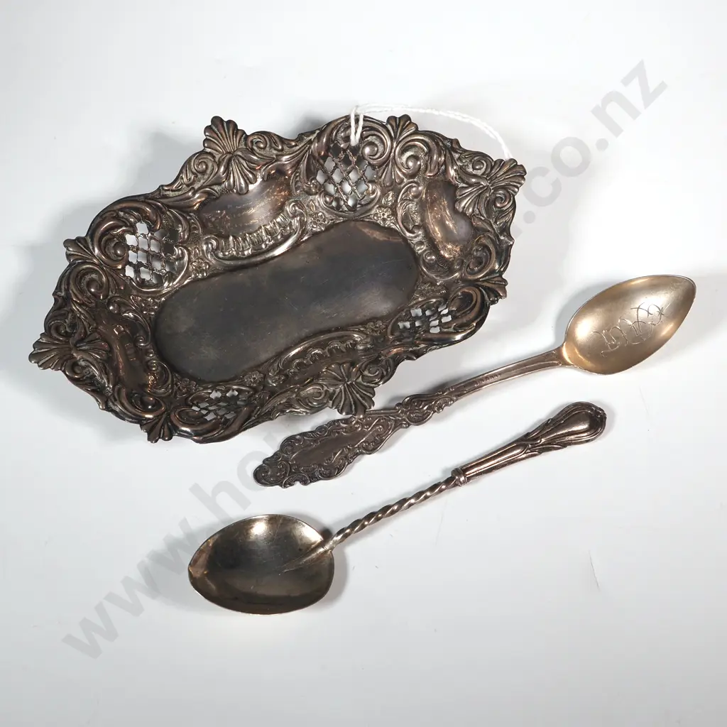 Sterling Silver Pierced Bon Bon Dish. Birm 1902 & Two Sterling Silver Teaspoons Image 1++