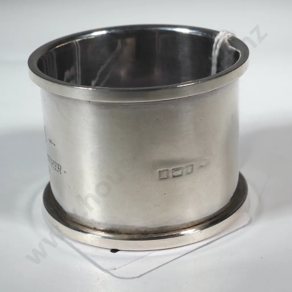 Sterling Silver Plain Bodied Serviette Ring. Inscribed "Tui, From Godmother JMF". Image 1++