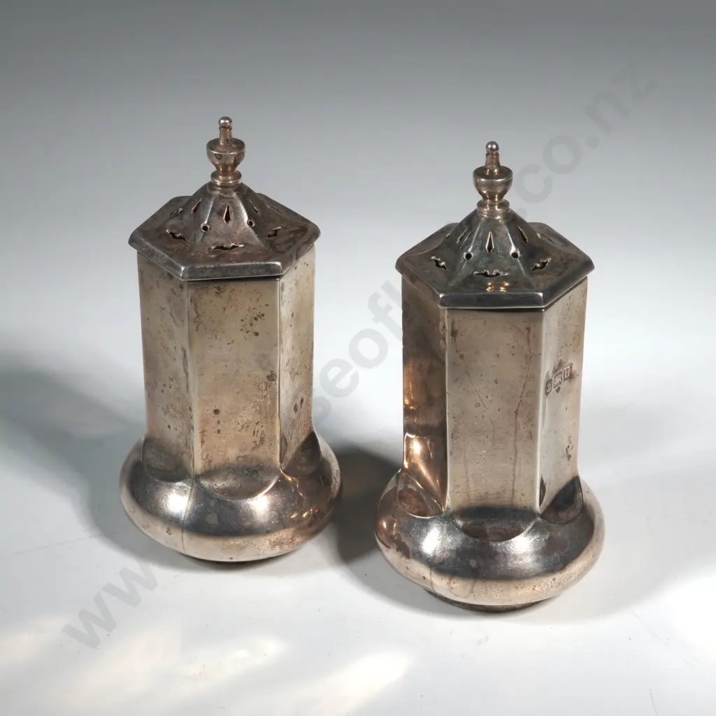 Pair Of Sterling Silver Octagonal Pepper Pots. Birm 1919 Image 1++