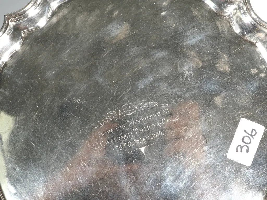 Sterling Silver Salver With Pie.Crust Edge On Four Scroll Feet. Inscribed. Birm 1955 JB Chatterley & Sons Ltd Image 1++