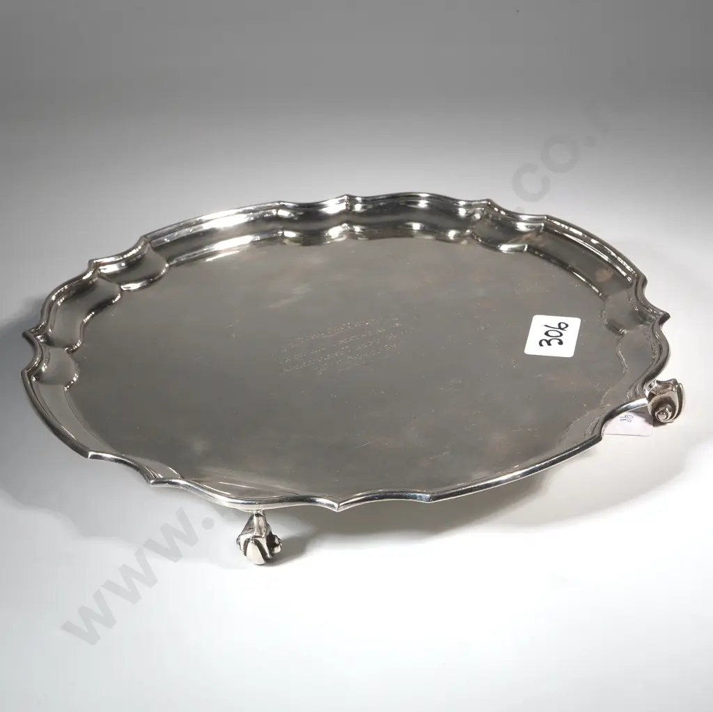 Sterling Silver Salver With Pie.Crust Edge On Four Scroll Feet. Inscribed. Birm 1955 JB Chatterley & Sons Ltd Image 1++
