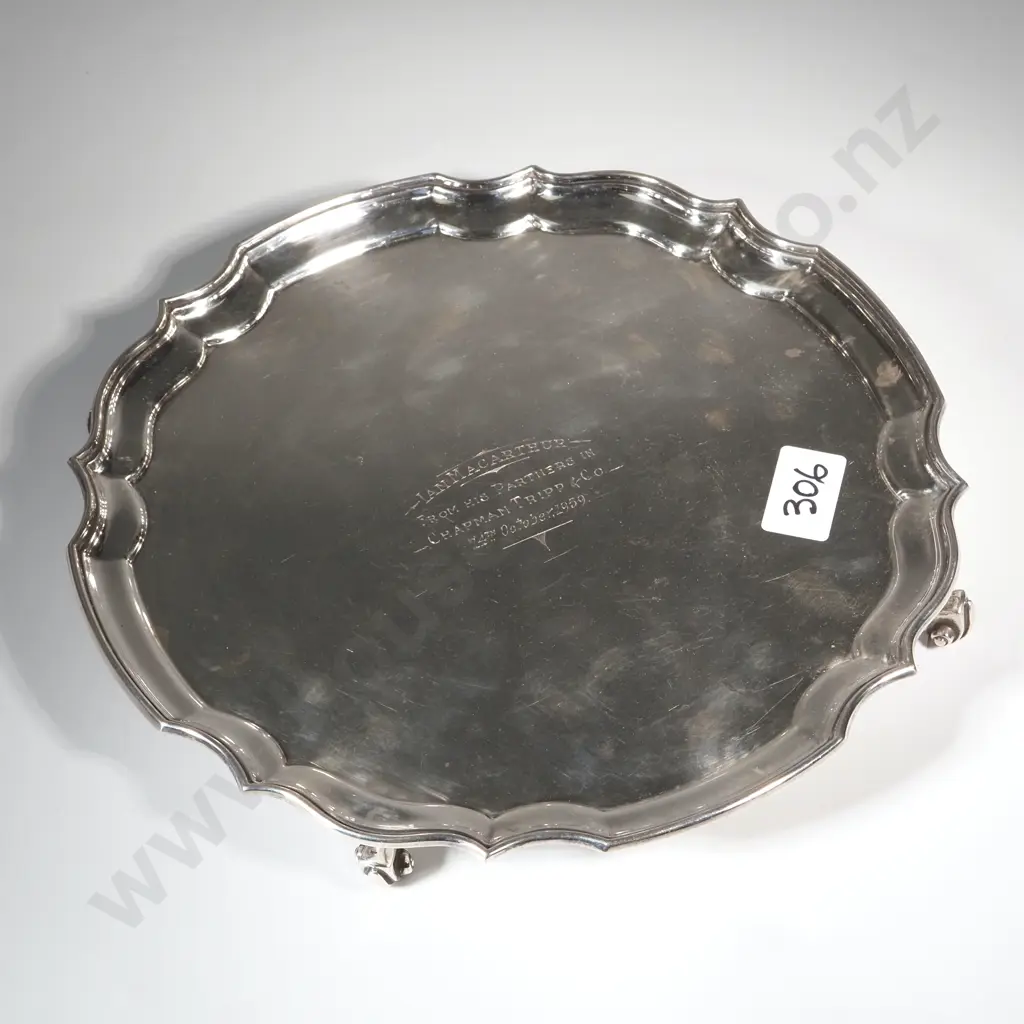 Sterling Silver Salver With Pie.Crust Edge On Four Scroll Feet. Inscribed. Birm 1955 JB Chatterley & Sons Ltd Image 1++