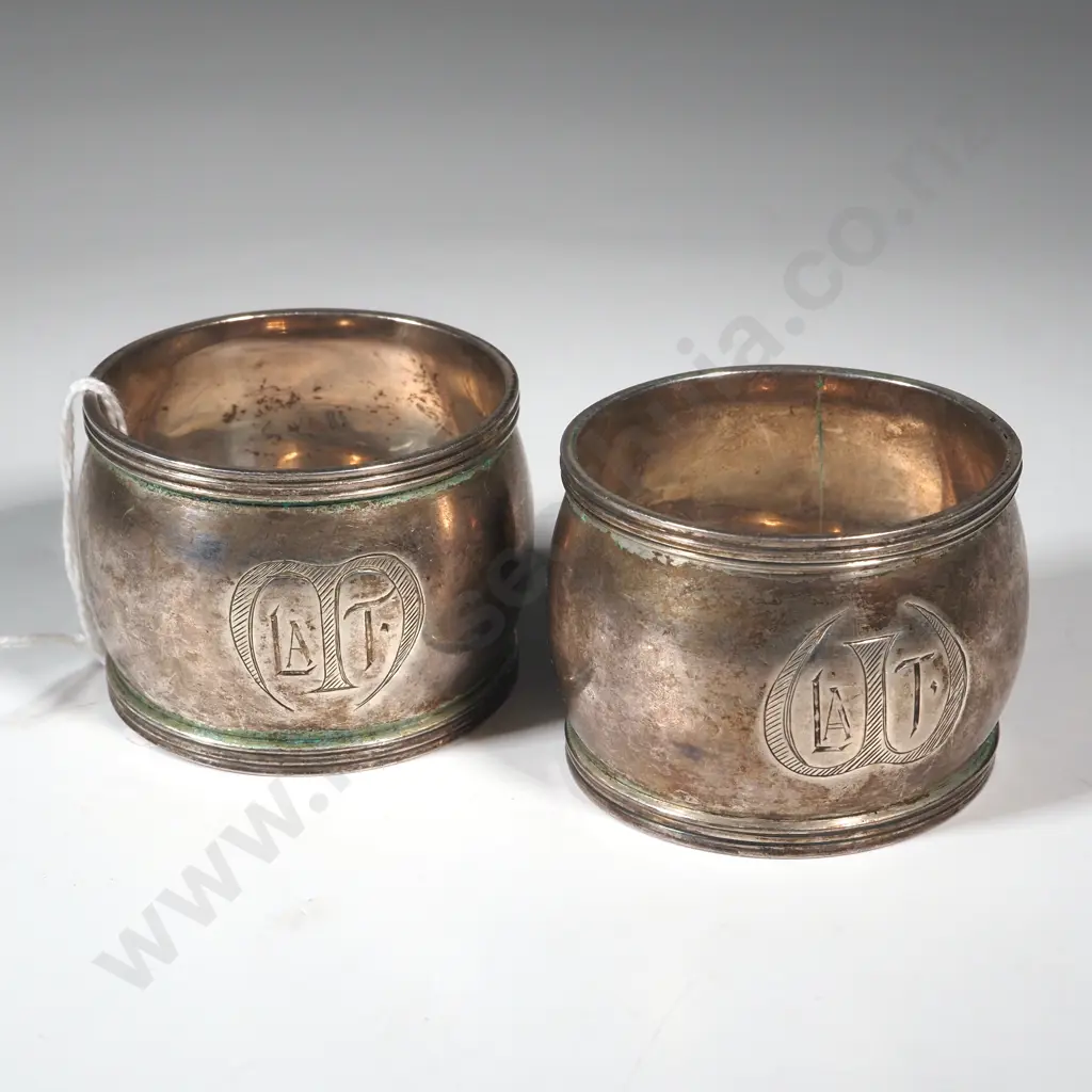 Pair Of Sterling Silver Plain Bodied  Serviette Rings With Reeded Rims. Initialled  LATM Image 1++