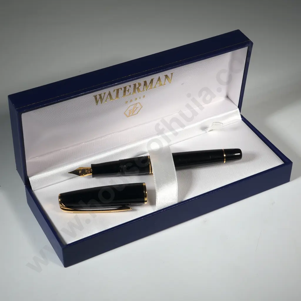 Cased Waterman Fountain Pen w 18ct Gold Nib - Original Sales Receipt for $319 Dollars  Image 1++