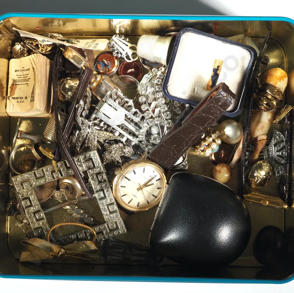 Tin Containing Costume Jewellery Including A Ladies & Gents Timex Wristwatch, Large Amethyst Coloured Stone, Marcasite Image 1++