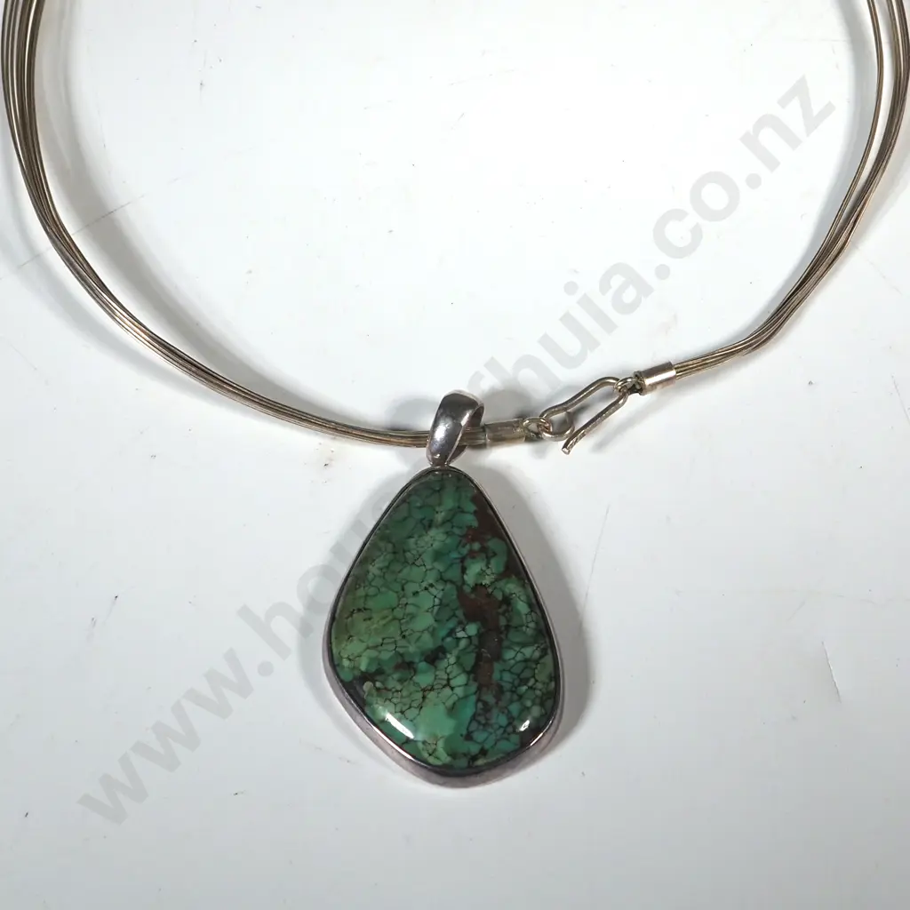 Boxed Sterling Silver Choker & Turquoise Pendant  Image 1++