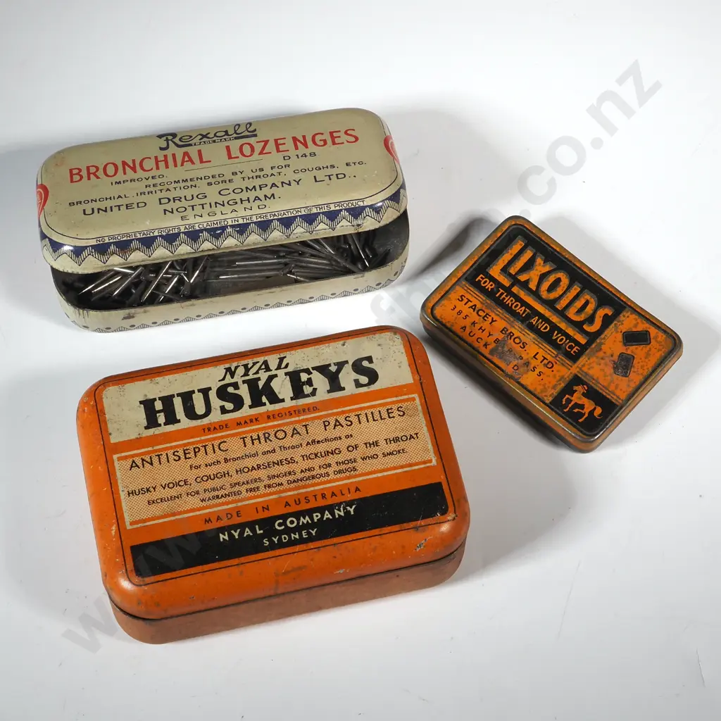 Vintage Rexall Bronchial Lozenge Tin, Nyal Huskeys Antiseptic Throat Pastille Tin & Lixoids For Throat & Voice Tin . Image 1++