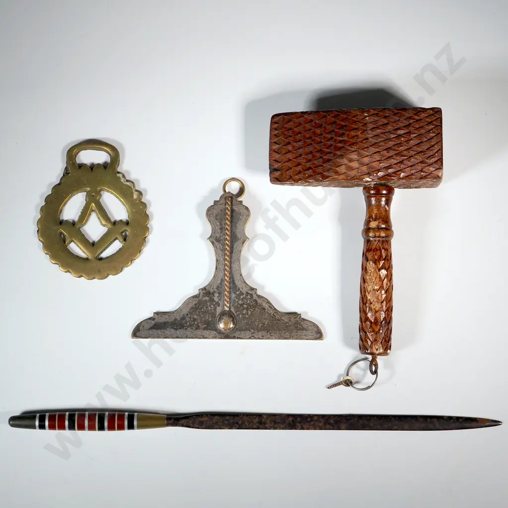 Masonic Gavel, Masonic Horse Brass, & A Silver Plated Letter Opener Masonic Officers Level Rule Image 1++