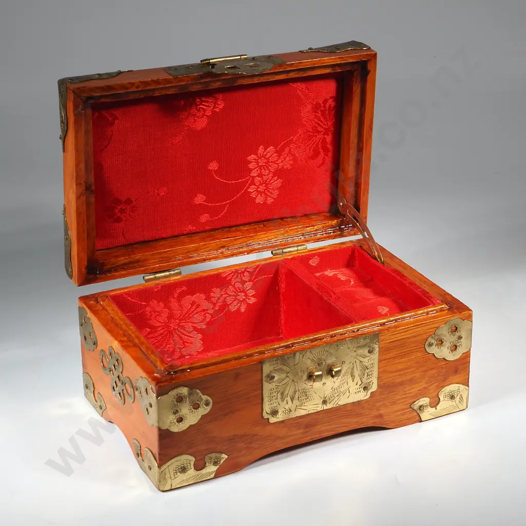 Oriental Style Wooden Jewellery Box w Jade Inset  Image 1++