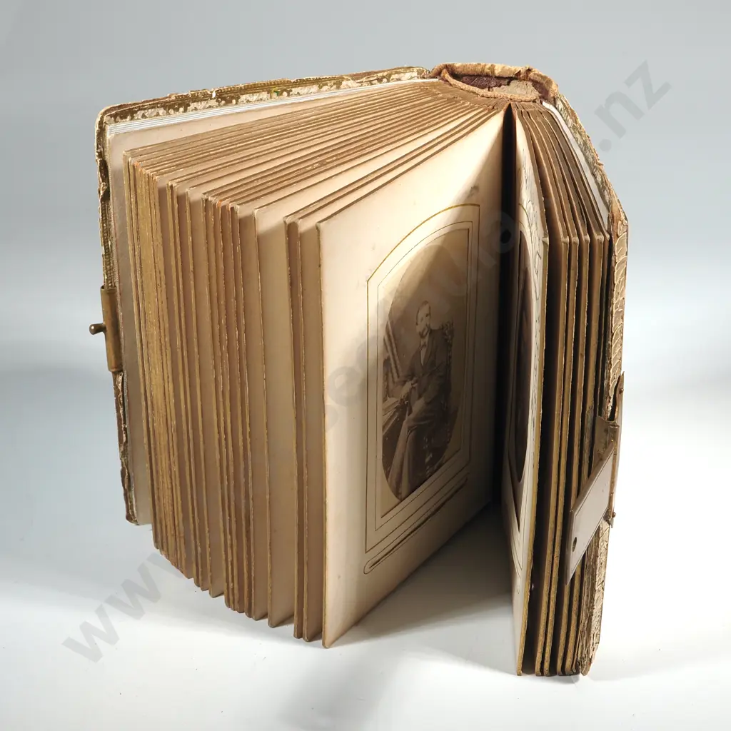 Colonial Leather & Mother of Pearl Bound Portrait Album w Brass Clasp & Photos. Some are Annotated. Image 1++