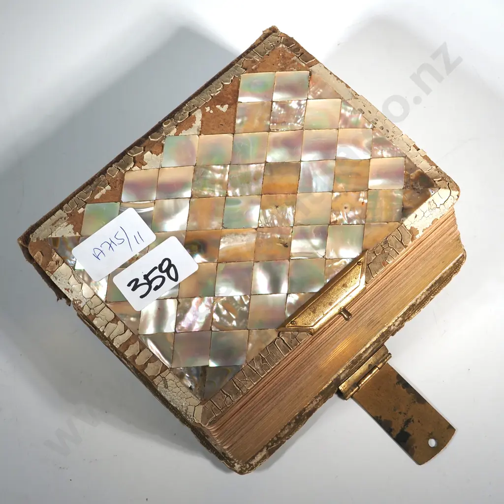 Colonial Leather & Mother of Pearl Bound Portrait Album w Brass Clasp & Photos. Some are Annotated. Image 1++