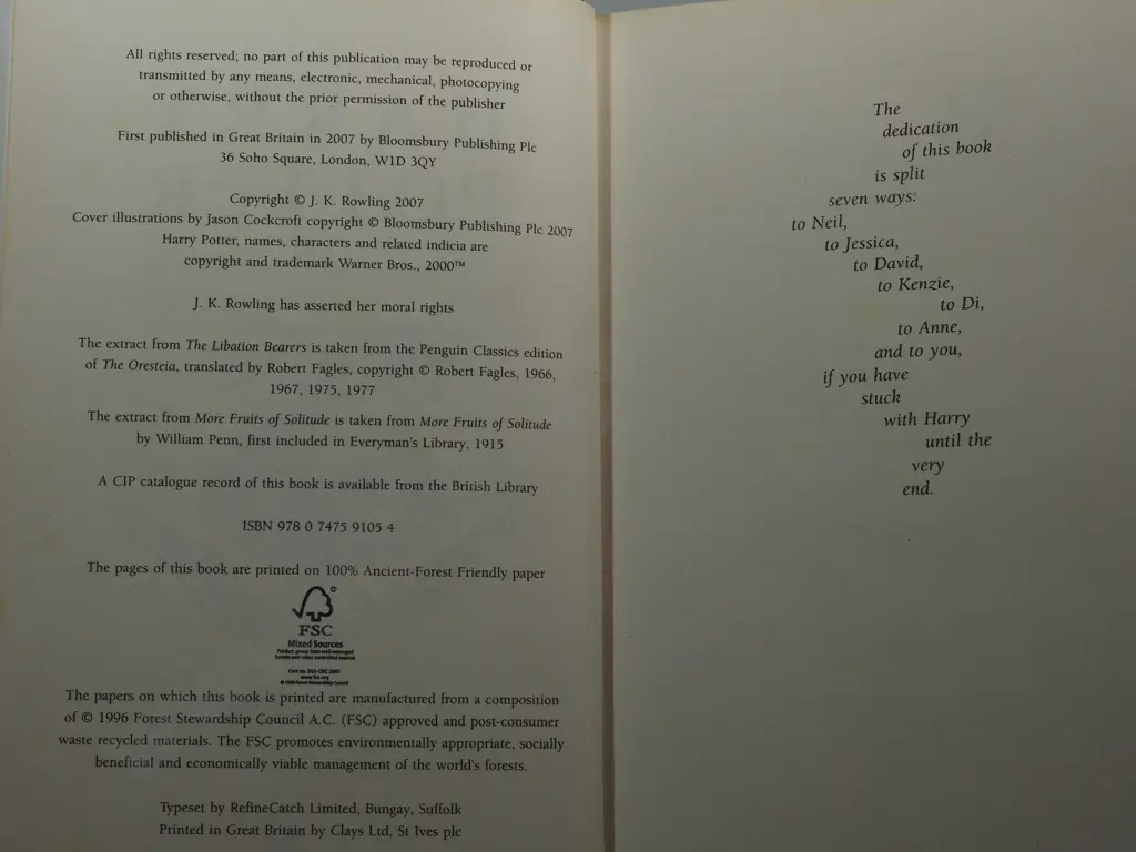 Harry Potter and the Deathly Hallows, First UK Edition, First Printing, Bloomsbury 2007, Hardback, Bloomsbury Publisher Image 1++