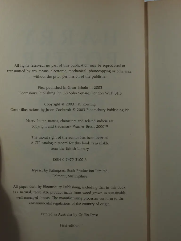 Harry Potter and the Order of the Phoenix 1st Australian Edition Rowling, J.K. Printed By Griffen Press Image 1++