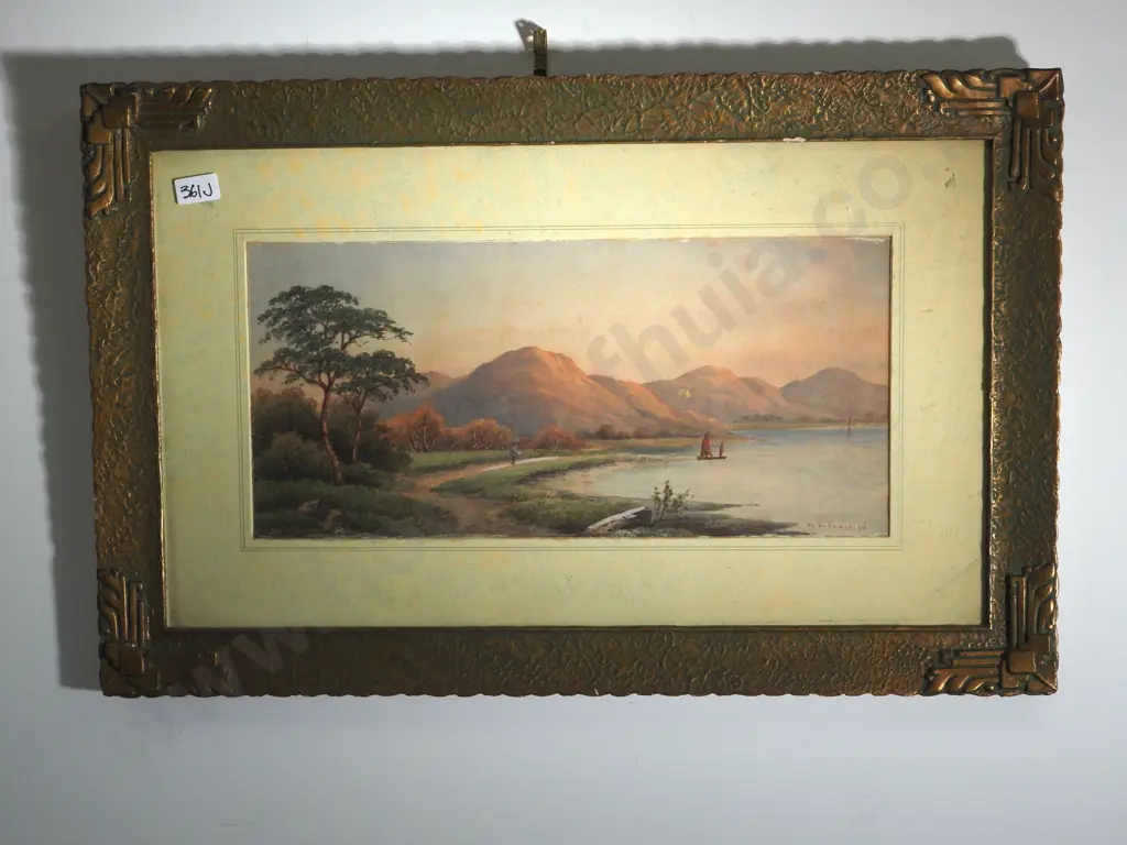 W.V. Franklyn. Landscape with Yacht & Male Figure. Watercolour. Signed. 220 x 480mm Image 1++