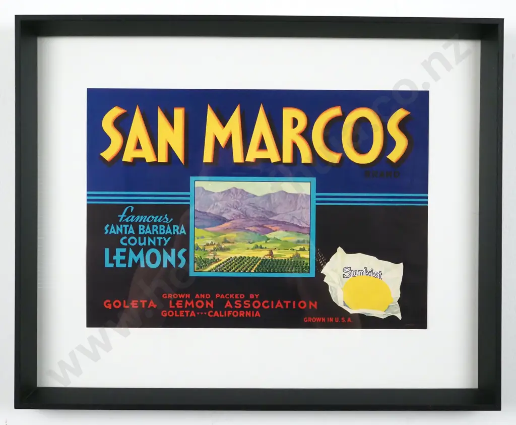 Vintage 1920s -1940s Sunkist San Marcos Fruit & Vegetable Crate Label. Authentic Original. Image 1++