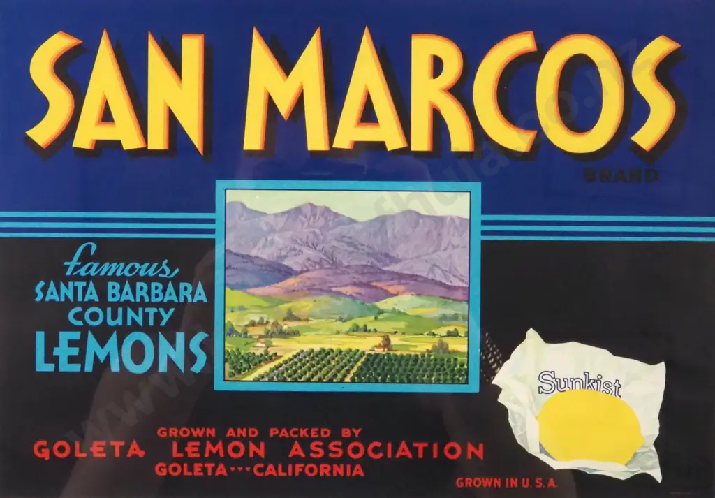 Vintage 1920s -1940s Sunkist San Marcos Fruit & Vegetable Crate Label. Authentic Original. Image 1++