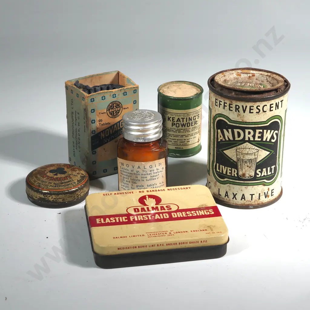 Collection of Vintage Tins - Effervescent Andrews Liver Salt, Dalmas Elastic First - Aid Dressings, Zinc Ointment, Image 1++