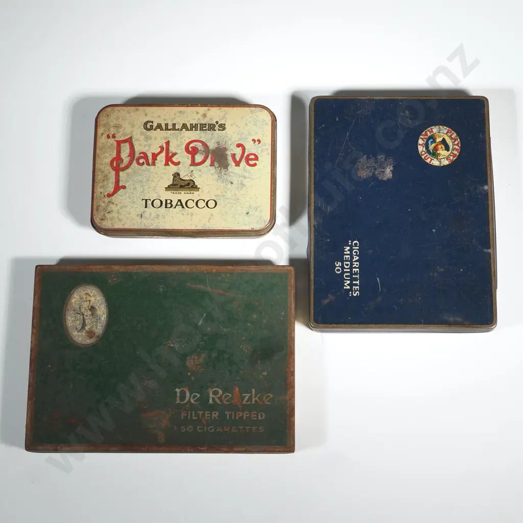 Player Navy Cut Cigarettes "Medium" 50 Tin, De Reszke Vintage Cigarette Tin & Gallaghers Park Drive Tobacco Tin Image 1++