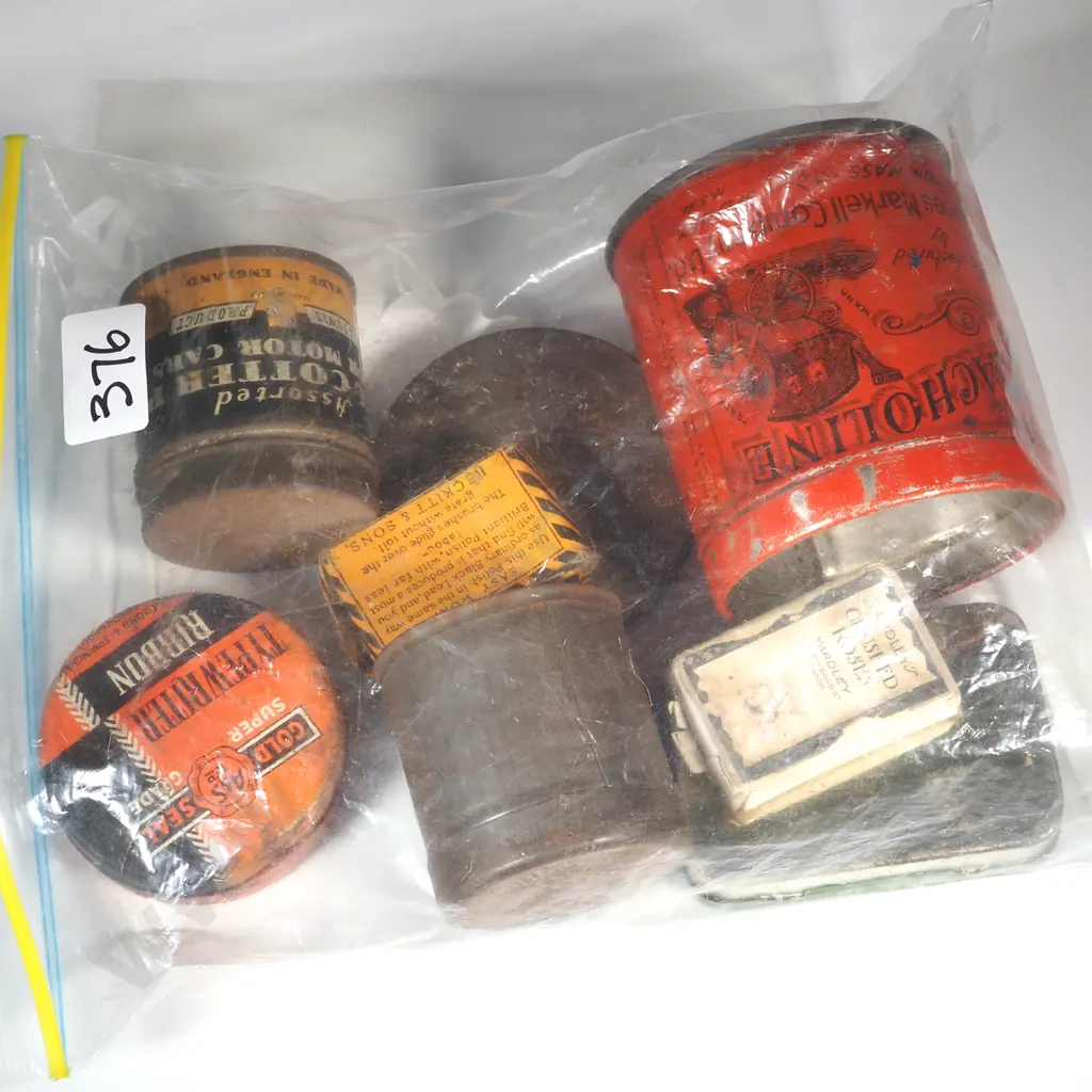 Five Vinage Tins Lockhead Bleeder Drain Tube, Small Greggs Coffee Tin, Velos 24 Type Cleaner, Assorted Steel Cotter Pins Image 1++