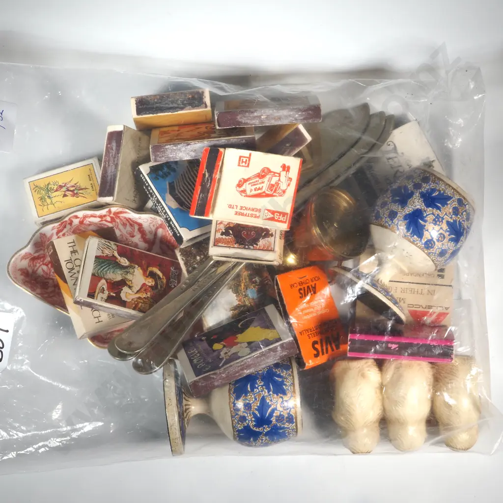 Collection Of Matches, Pair Of Painted Wooden Ashtray, Royal Crown Derby Red Arves Pin Dish, Three Serving Knives etc, Image 1++