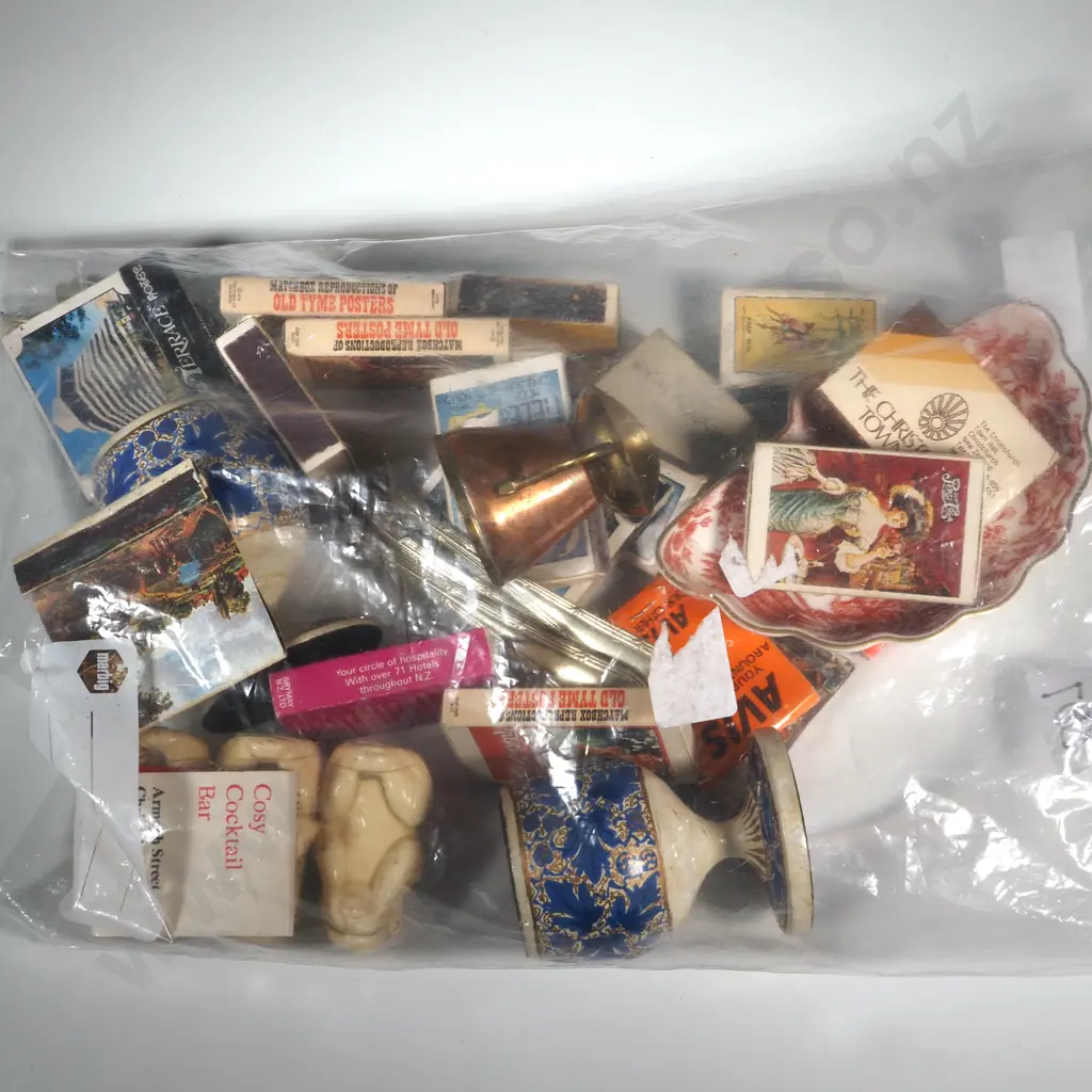 Collection Of Matches, Pair Of Painted Wooden Ashtray, Royal Crown Derby Red Arves Pin Dish, Three Serving Knives etc, Image 1++