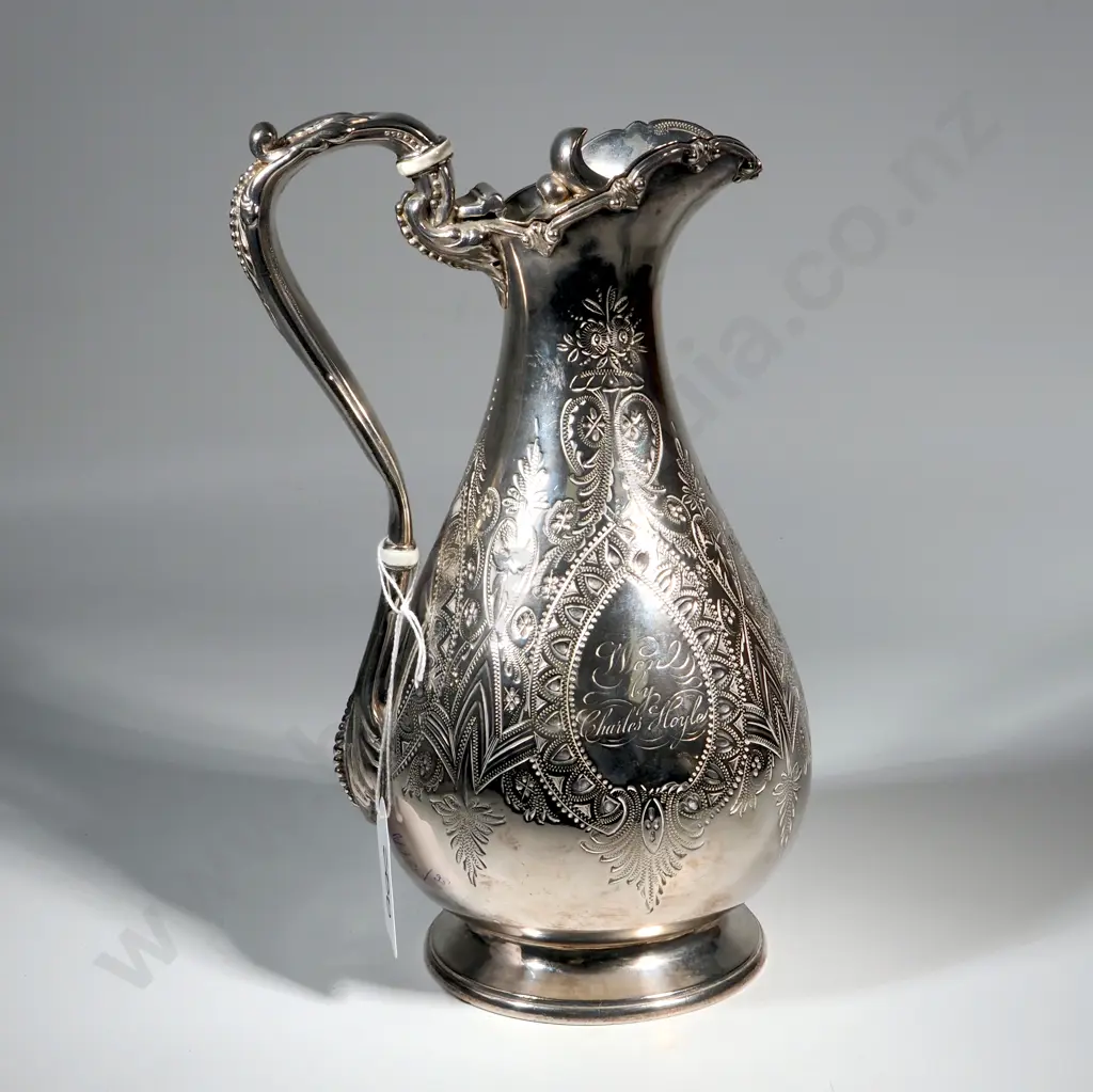 Heavily Engraved Lidded Silver Jug w Porcelain Accents - Trophy for 1869 Malty Athletic Sports. Image 1++