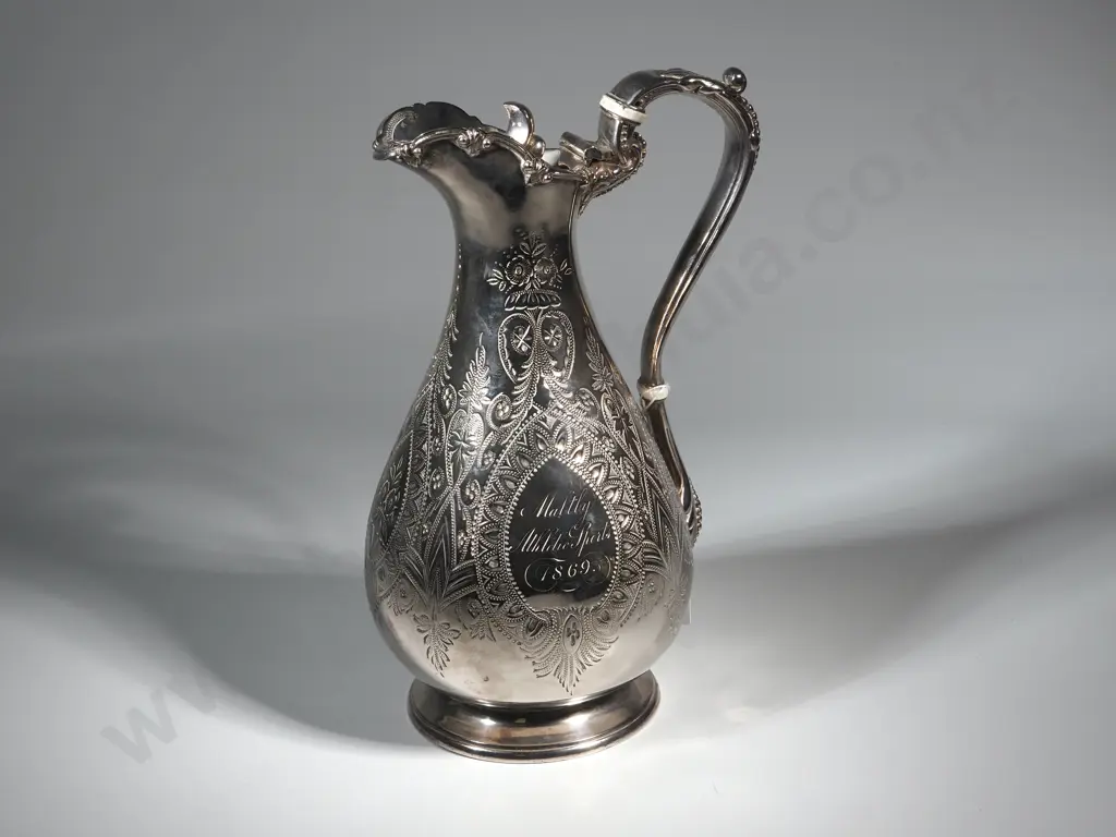 Heavily Engraved Lidded Silver Jug w Porcelain Accents - Trophy for 1869 Malty Athletic Sports. Image 1++