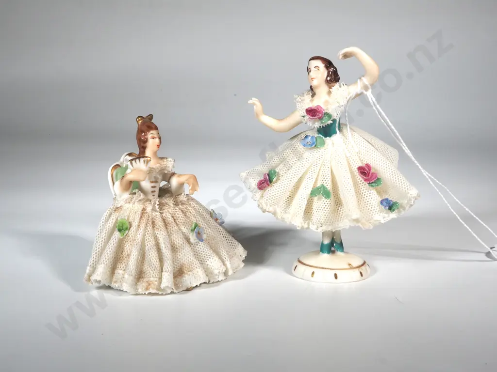 Pair of  Miniature Dresden Figures In Lace Dresses. Hgt 90mm  Image 1++