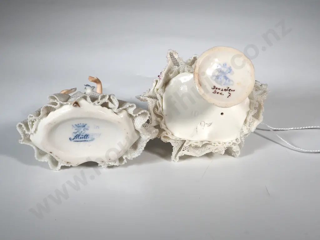 Pair of  Miniature Dresden Figures In Lace Dresses. Hgt 90mm  Image 1++