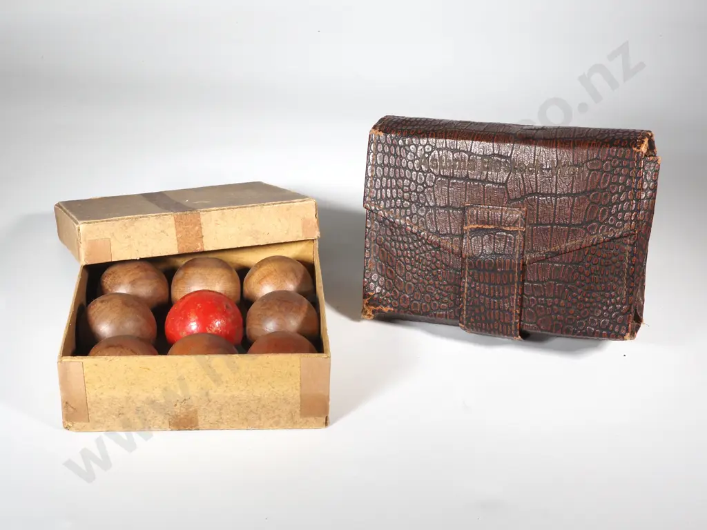 Two Sets Of Vintage Bocce Balls. One In Original Cardboard Box & The  Other In A Faux Crocodile Skin Holder Image 1++
