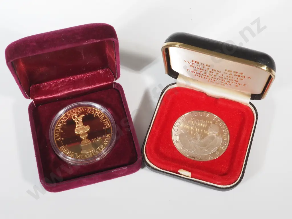 Coins;Boxed Tala Tanumafili II Robert Louis Stevenson Commemorative Proof 1894 & American Samoa 1988 America's Cup Proof Image 1++