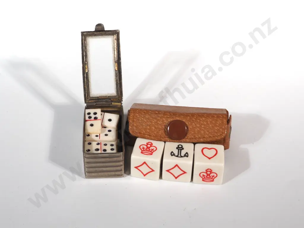 Miniature Bone Domino Set In a Small Metal Container & A Leather  Case Containing Three Dice  Image 1++