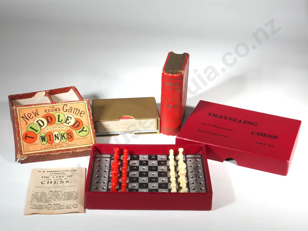 H.B Farebrother Ltd Travelling Chess Set with A Metal Board, Vintage J Jacques & Sons, London Tiddlywinks Game  Image 1++