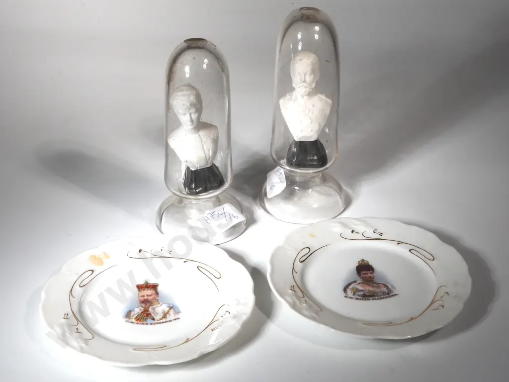 Pair of Domed Busts - Queen Mary & King George. Two Viola Memorial Plates - Queen Alexandra & King George Image 1++