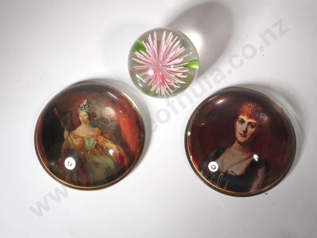 Two Hand Cast Glass Paperweights - Queen Victoria & Queen Consort Alexandra. Small Glass Pink Dahlia Paperweight. Image 1++